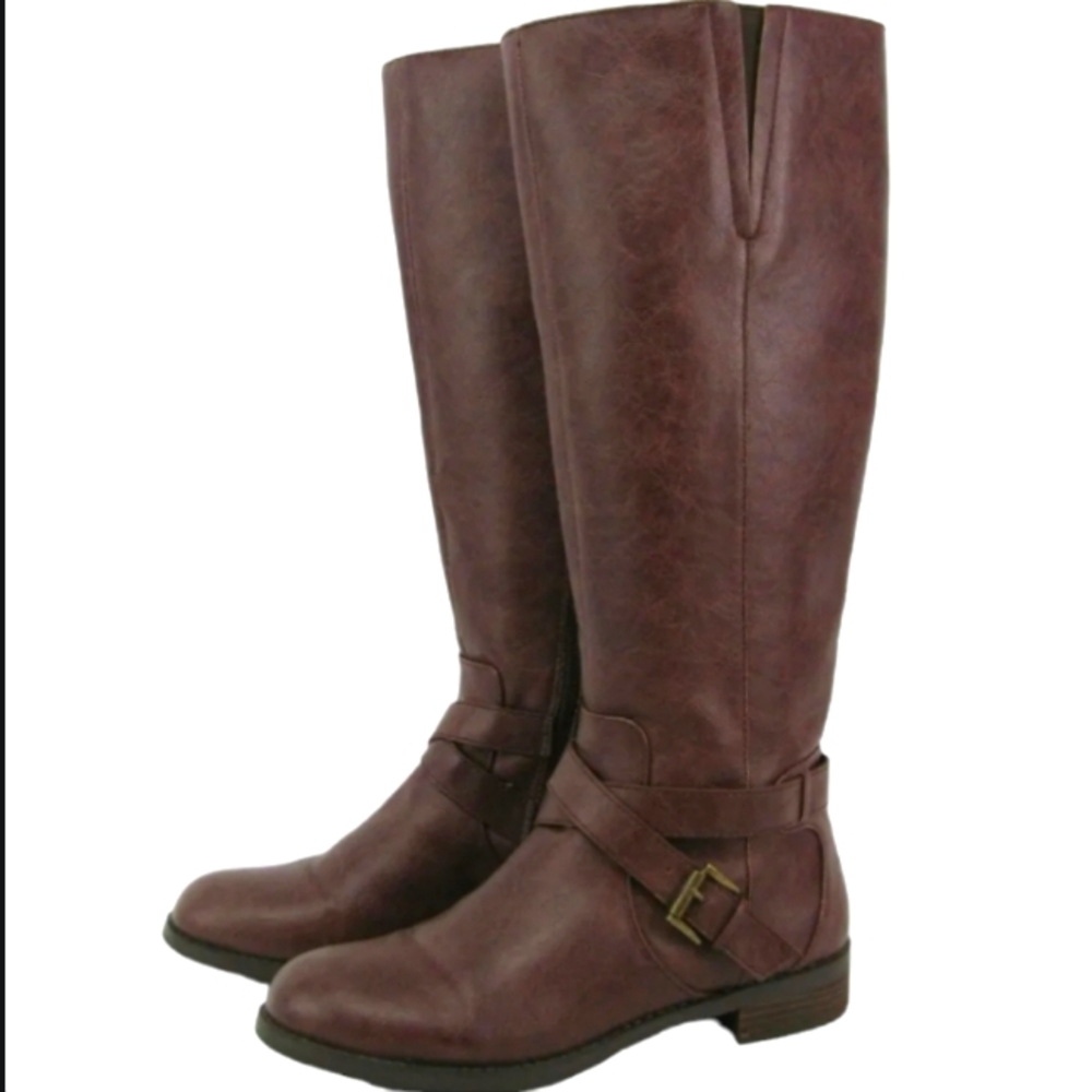 🔥Kenneth Cole Size 7.5 Womens Reaction Tall Knee Boots Brown Strap Buckle Zip
